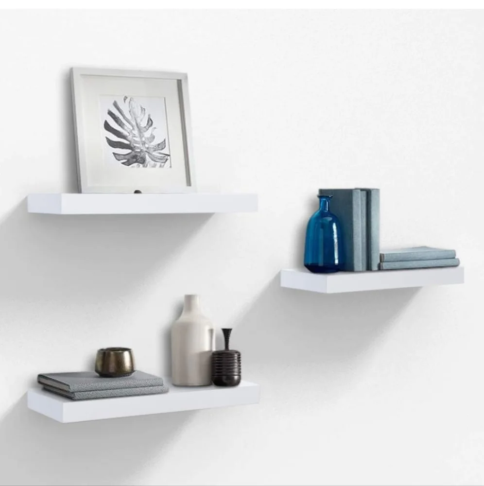 :Set of 3 Floating Shelves White Solid Wood Wall Shelves with Invisible Brackets